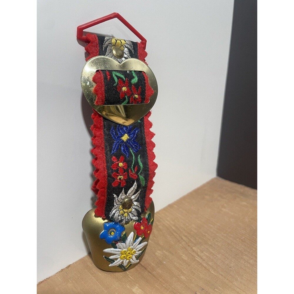 Vintage Swiss Cow Bell Brass Painted Flower Design Bright Embroidered Hanger - Picture 2 of 4
